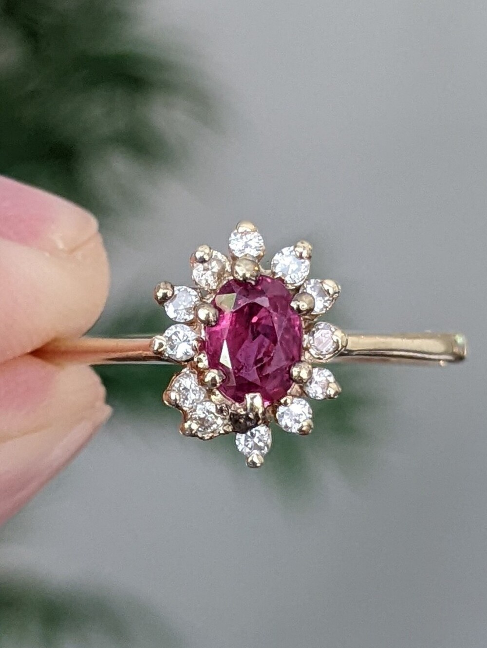 Antique 14K Gold Ruby Ring With Diamond Halo